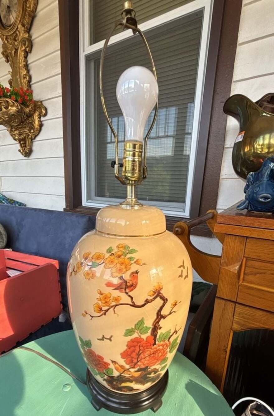Vintage Hand-Painted Chinoiserie Ginger Jar Table Lamp with Floral and Bird